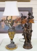 A Florentine style brass, spelter and onyx ewer shaped table lamp and a bronzed spelter figural