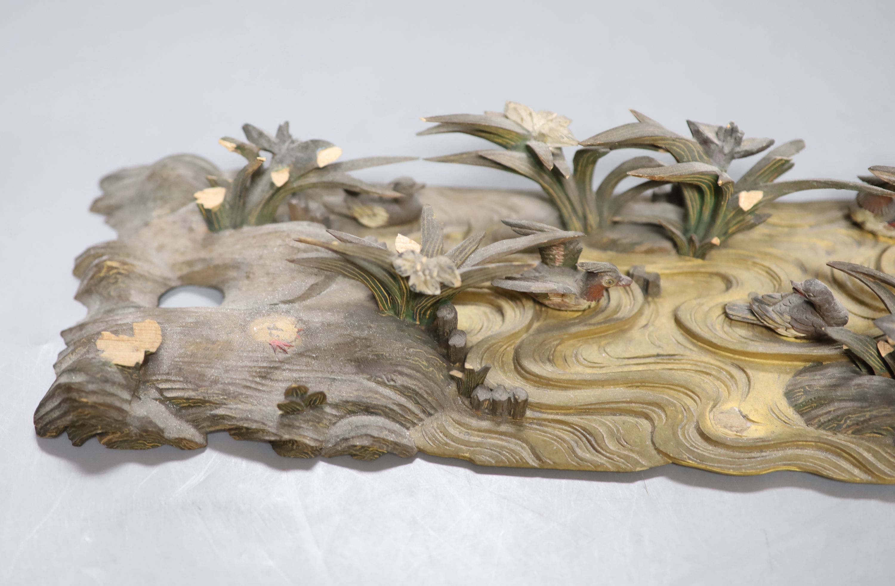 A Japanese carved and painted wood model of ducks on a pond, Meiji period, 40cm - Image 2 of 5