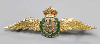 An early to mid 20th century 9ct and two colour enamel RAF sweethearts brooch, 50mm, gross 5.3