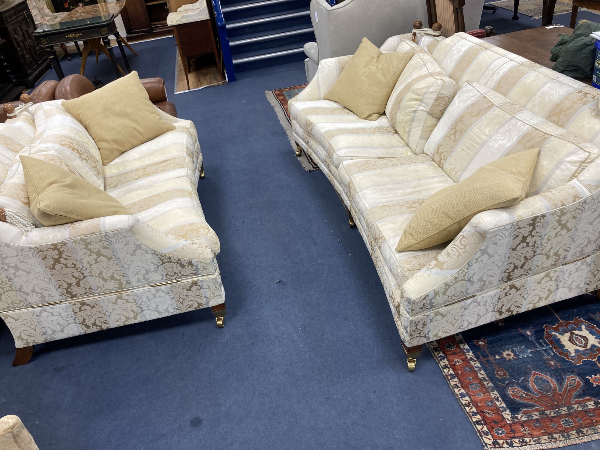 Harrods. Two large two seater settees, upholstered in cream brocade, larger 238cm, depth 118cm, - Image 2 of 4