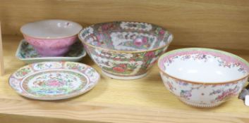 A Chinese pink ground bowl, late 19th century together with two other bowls, a famille verte dish