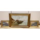 J.H. Hambling, oil on canvas, Fishing boats in harbour, signed, 35 x 49cm and a pair of seascapes by