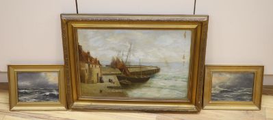 J.H. Hambling, oil on canvas, Fishing boats in harbour, signed, 35 x 49cm and a pair of seascapes by