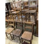 Seven Victorian elm and beech chapel chairs