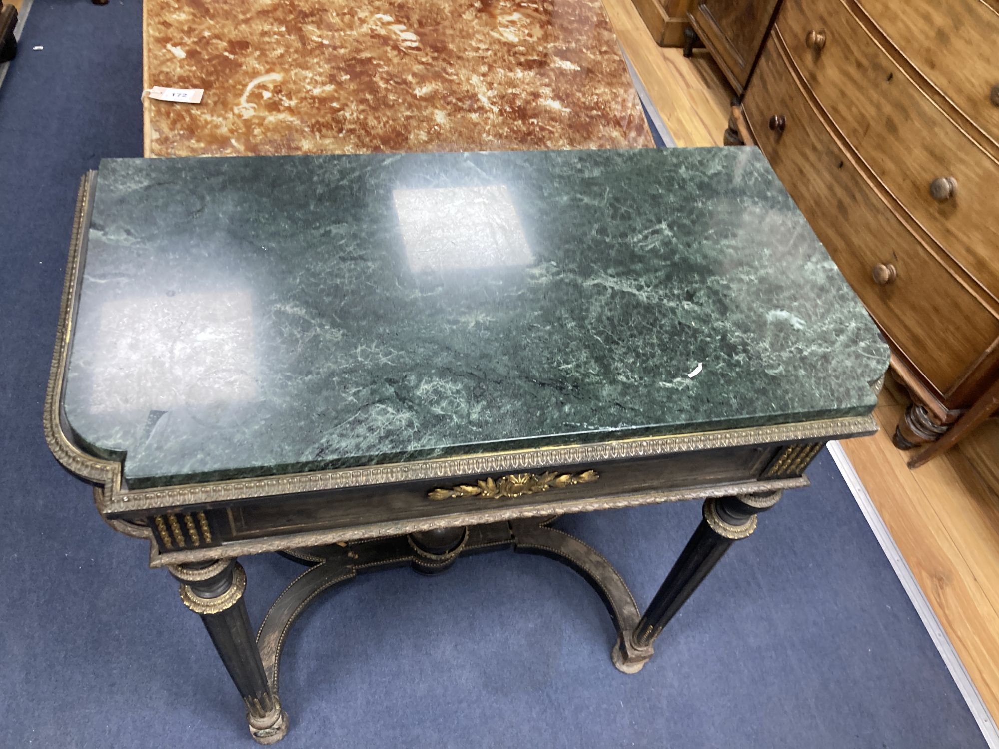 A 19th century French ebonised marble top jardiniere table, width 88cm, depth 48cm, height 86cm - Image 2 of 8