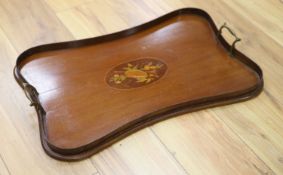A Sheraton revival marquetry and mahogany tray, 58 x 37cm