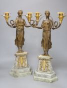 A pair of Louis XVI style gilt metal and marble figural candlesticks, height 52cm