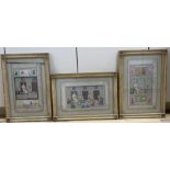 A set of three Indian miniature paintings, Mughal style, on inscribed pages, Interiors with