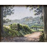 Doreen Medhurst, oil on board, Sussex Lane, initialled, 5.5x 7cm