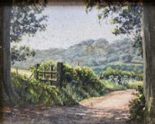 Doreen Medhurst, oil on board, Sussex Lane, initialled, 5.5x 7cm