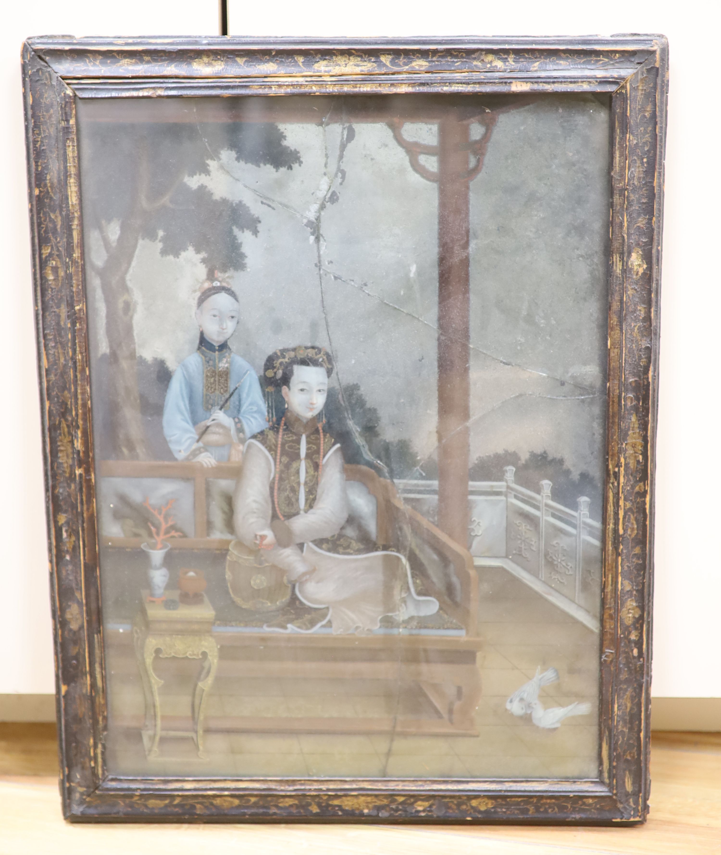 A Chinese export reverse painted mirror, 18th century, 44 x 32cm - Image 2 of 4