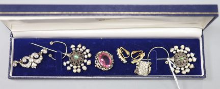 A pair of Indian white metal filigree and freshwater pearl pins and four items of costume jewellery