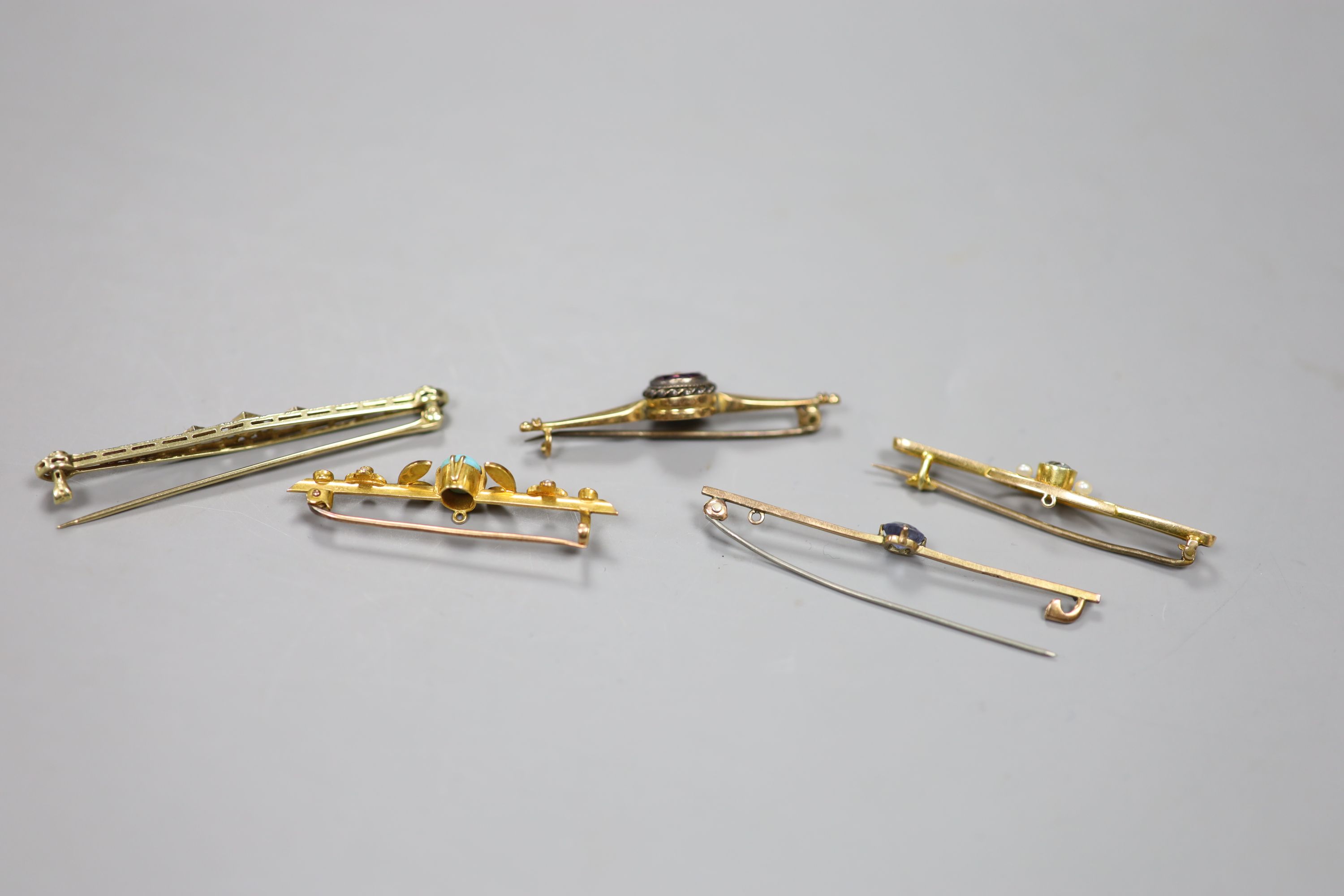 Five assorted bar brooches including early 20th century yellow metal sapphire and diamond set, a - Image 3 of 3