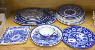 A quantity of 19th century blue and white pottery, including a 'Harewood House' platter, 37cm, and a