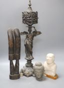 An oxidised copper figural table lamp, height 58cm, and three other items