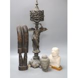 An oxidised copper figural table lamp, height 58cm, and three other items