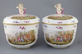 A pair of large Meissen style porcelain bowls and covers, late 19th century, possibly Potschappel,