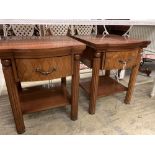 A pair of reproduction walnut bowfront bedside tables, width 50cm depth 50cm height 61cm