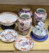 Three Japanese Imari vases, a plate and other Japanese ceramics