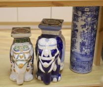 Two Chinese ceramic elephant garden seats and a blue and white stick stand, height 61cm