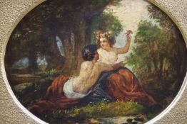 18th century French School, oil on canvas, 'French Nymphs in woodland', oval, 29 x 36.5cm