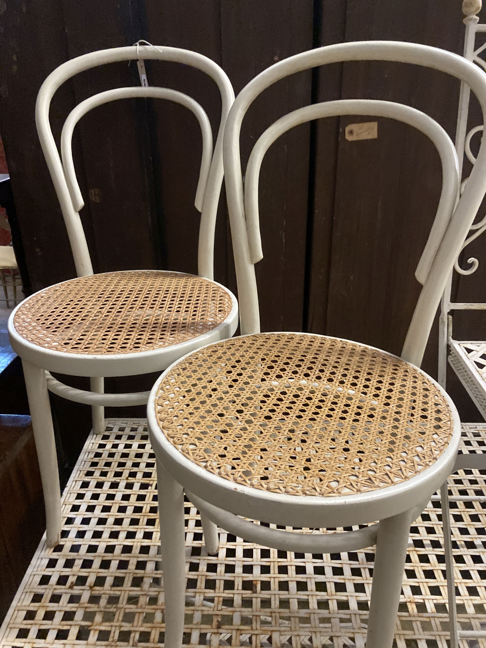 Two Edwardian cane seat chairs and a pair of painted Bentwood cane seat chairs - Image 2 of 7