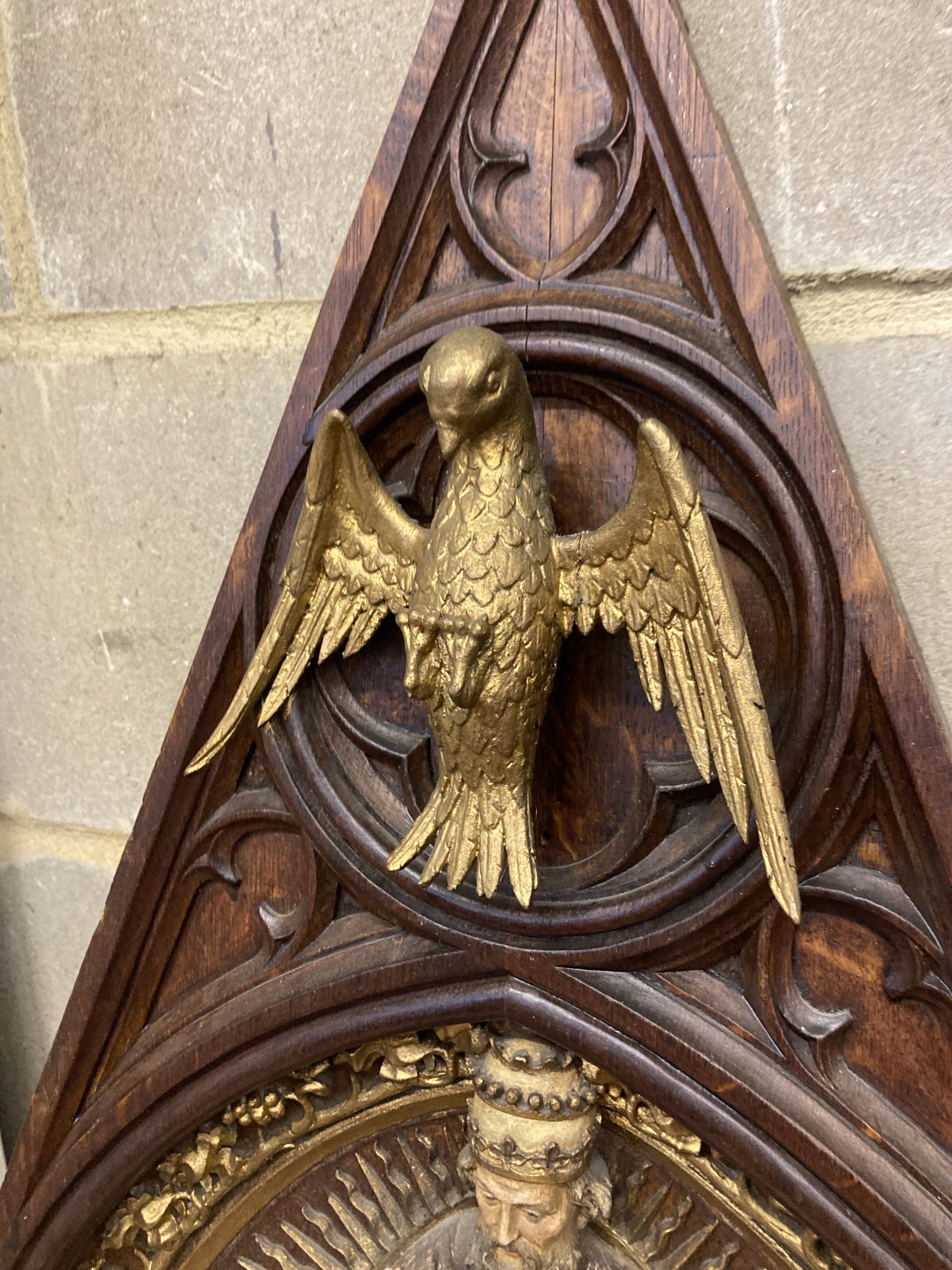 A Gothic oak ecclesiastical wall plaque, width 46cm, height 67cm - Image 2 of 4