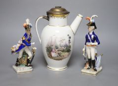 A 19th century Meissen porcelain hot water pot, painted with figures at revelry, with later silver