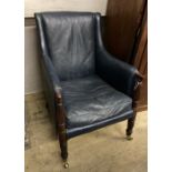 A Regency mahogany library chair, upholstered in blue leather, width 65cm depth 75cm height 93cm