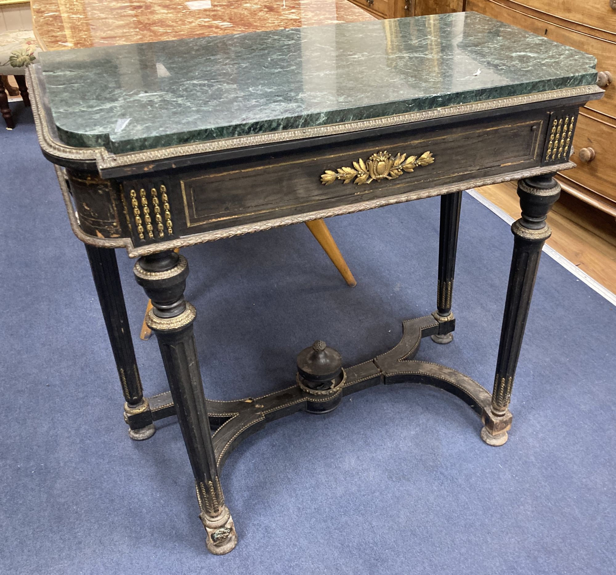 A 19th century French ebonised marble top jardiniere table, width 88cm, depth 48cm, height 86cm