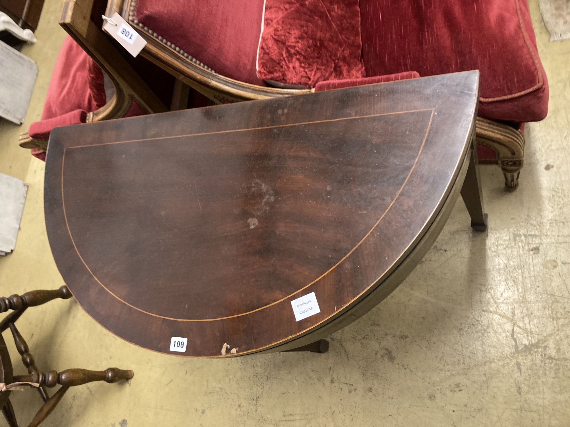 A George III style inlaid mahogany 'D' shaped folding card table, width 92cm, depth 46cm, height - Image 2 of 3