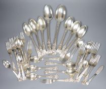 A matched 19th century and later King's pattern part service of silver flatware, various dates and