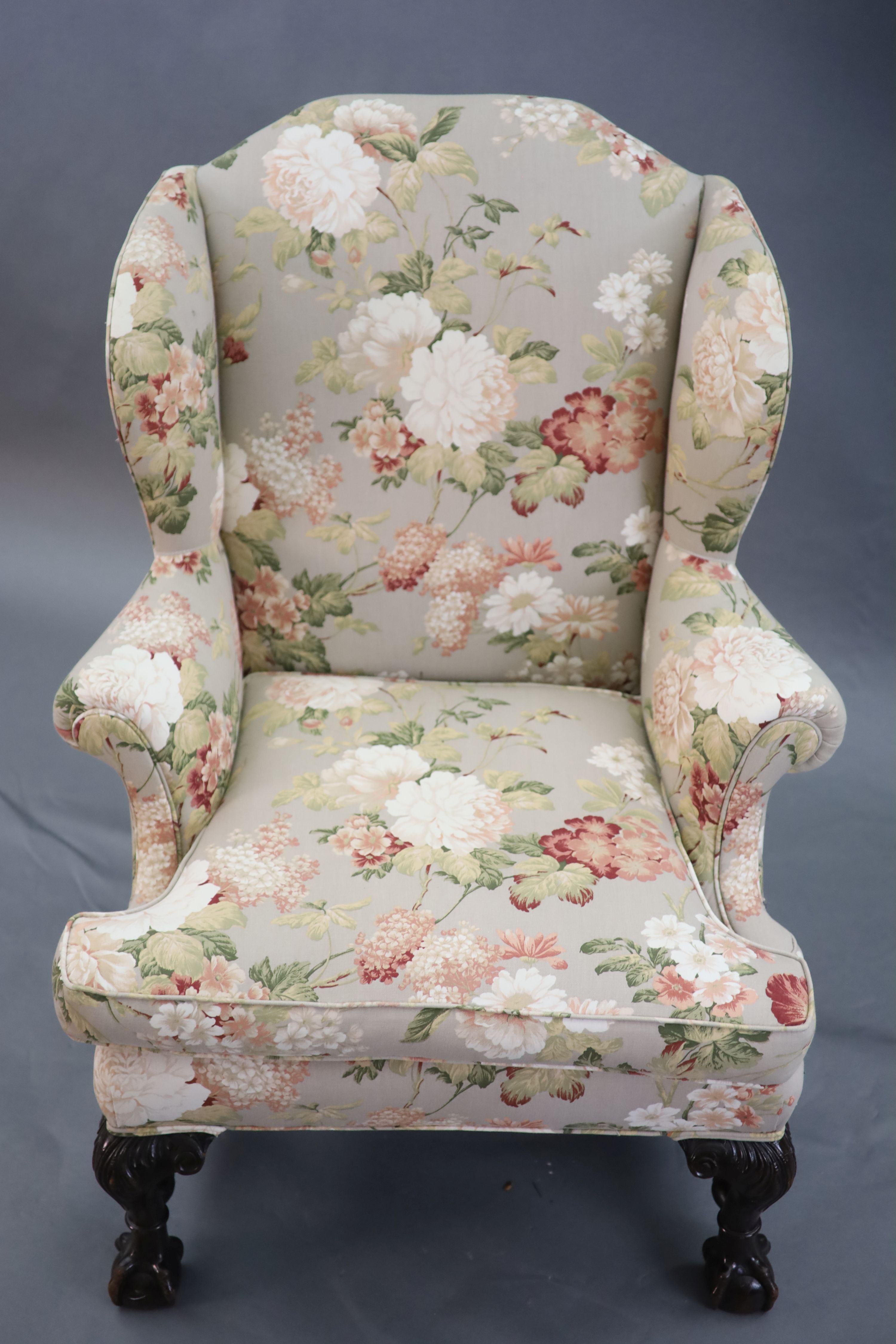 A Chippendale revival wing armchair together with a matching contemporary footstoolCONDITION: Late - Image 2 of 9