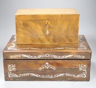 A George III mahogany tea caddy, width 30cm, together with a Victorian mother of pearl inlaid