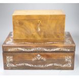 A George III mahogany tea caddy, width 30cm, together with a Victorian mother of pearl inlaid