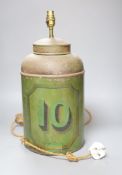 A green painted tin tea canister lamp, height 40cm excl. electrical fittings