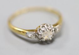 A yellow metal and single stone rose cut diamond set ring, with diamond set shoulders, size Q/R,