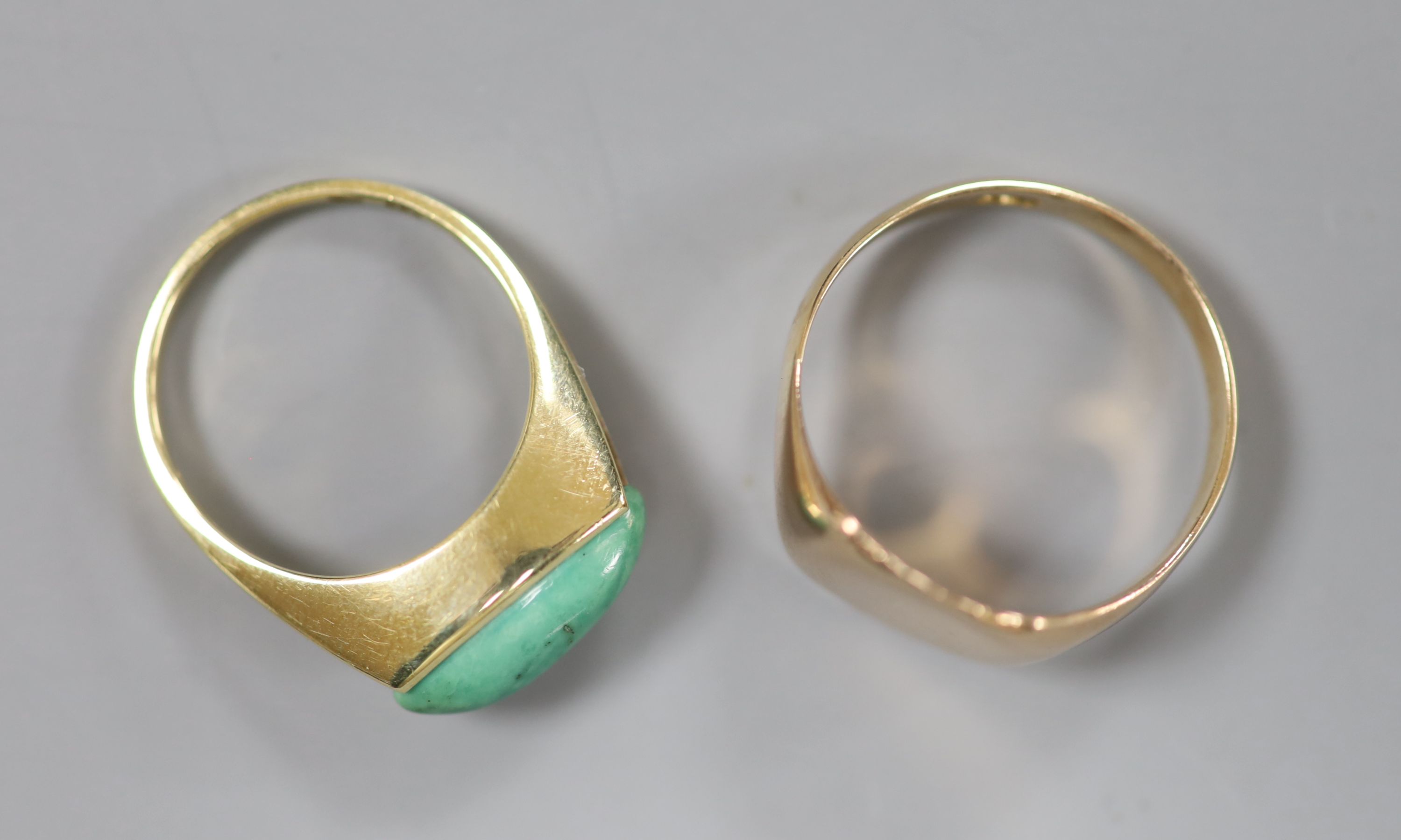 A 9ct signet ring, size T, gross 4.6 grams and a 585 yellow metal and turquoise? set ring, size O, - Image 2 of 2