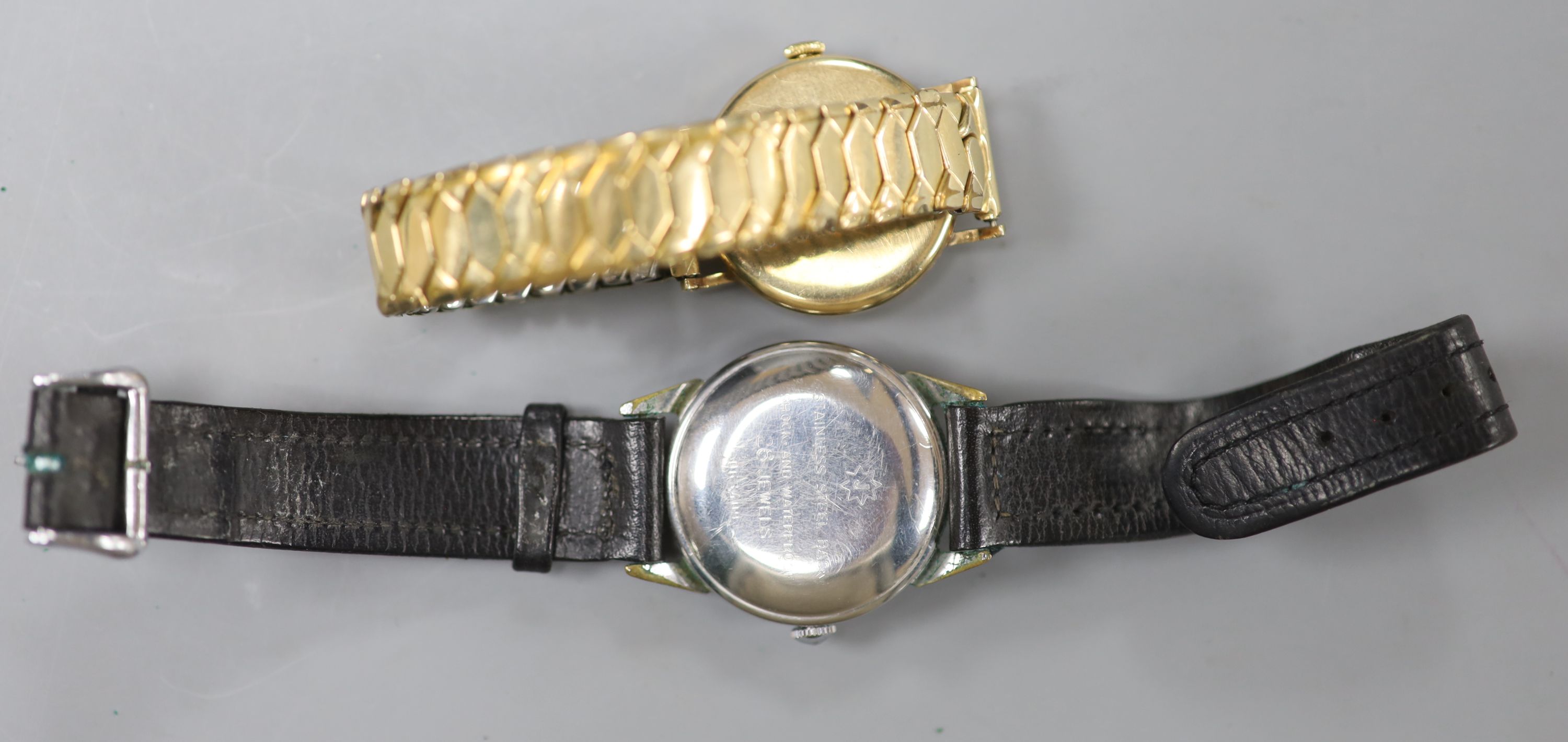 A gentleman's 9ct gold Vertex manual wind wrist watch, with case back inscription, on gold plated - Image 3 of 3