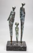 Jill Cowie Sanders (modern British) A patinated bronze, three female forms on marble plinth,