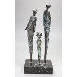 Jill Cowie Sanders (modern British) A patinated bronze, three female forms on marble plinth,