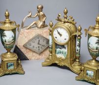 A Louis XV style gilt metal and porcelain three piece clock set and an Art Deco mantel clock,