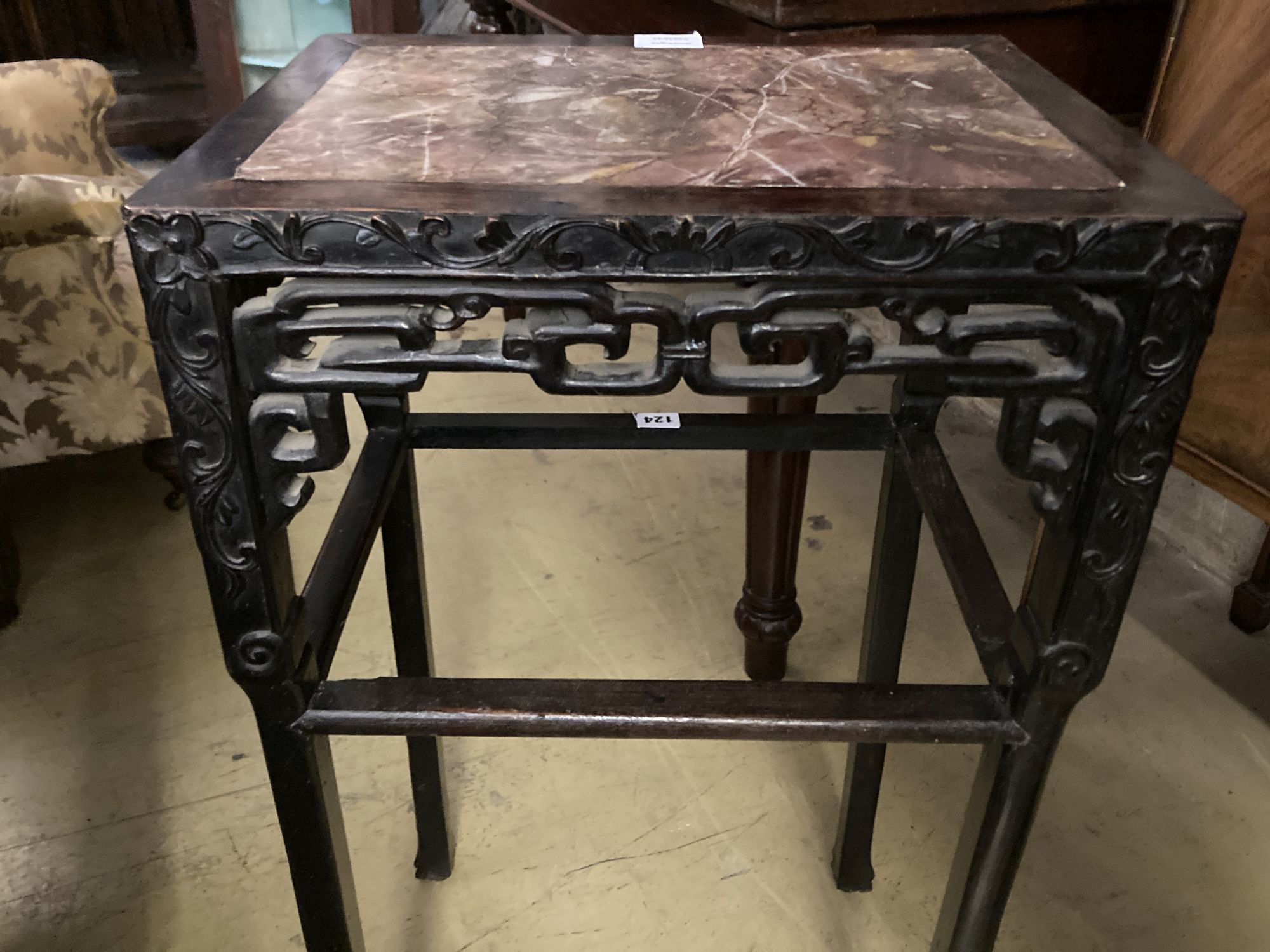 A 19th century Chinese carved hardwood rectangular topped jardiniere stand, with a rouge marble - Image 3 of 3