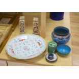 A group of Chinese and Japanese wares to include a famille rose dish, mixed cloisonne and a pair