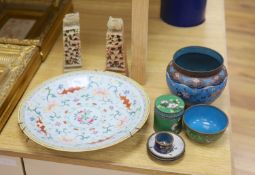 A group of Chinese and Japanese wares to include a famille rose dish, mixed cloisonne and a pair