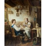 A Victorian overpainted print of interior with lovers, 24 x 20cm