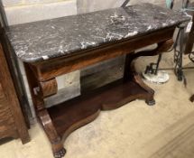 A 19th century French marble top mahogany console table, width 115cm, depth 44cm, height 81cm