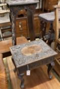 A Burmese carved box seat stool, width 44cm, depth 34cm, height 45cm and a similar two tier plant