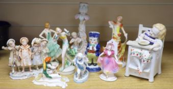 A collection of Art Deco ceramic dancing ladies, a 19th century figural box, a candlestick and a