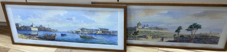 J. Galea, pair of watercolours, Views of Valetta harbour, Malta, signed and dated 1959, overall 24 x